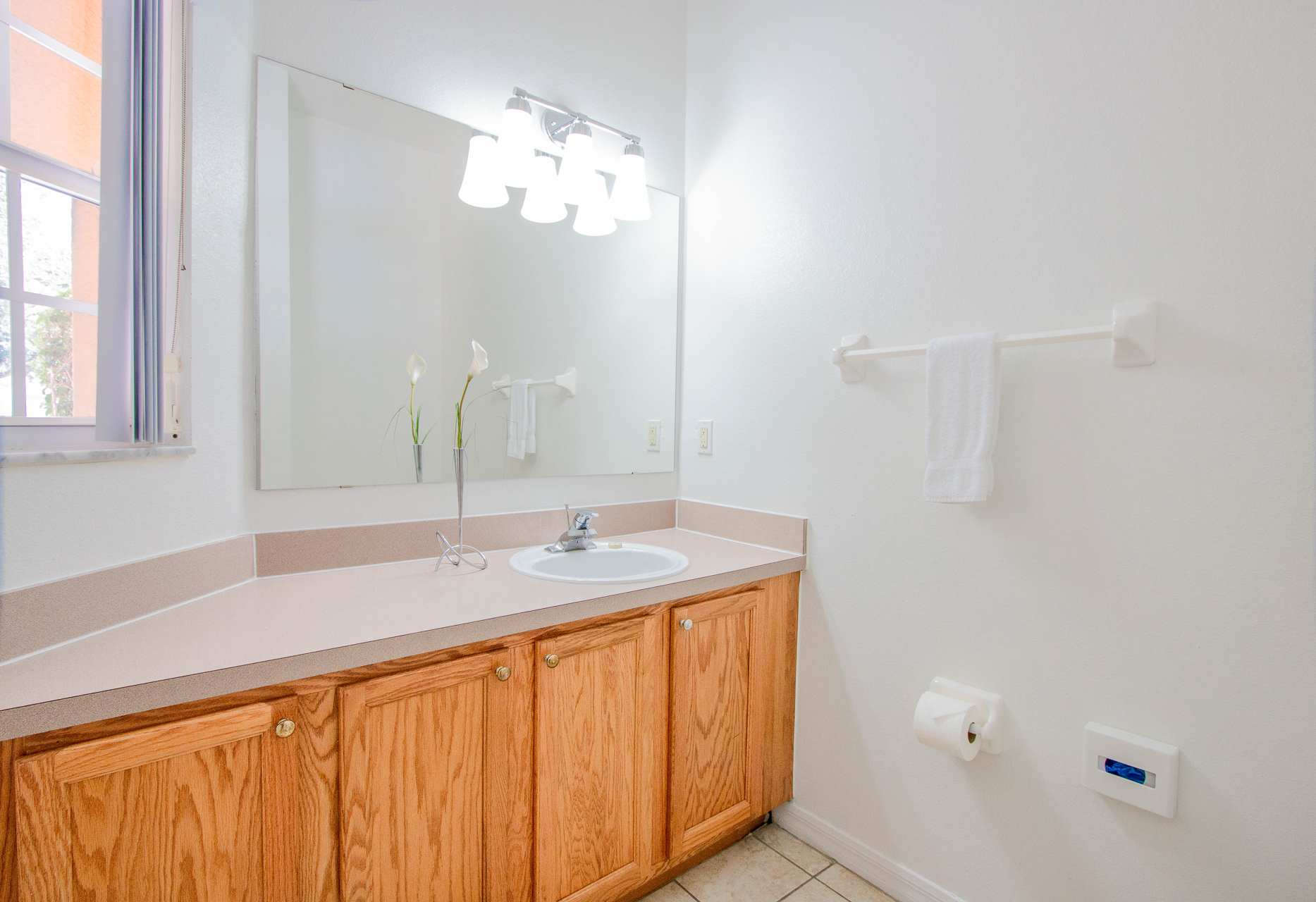 A bathroom vanity with a large mirror, light wood cabinets, and a white sink.