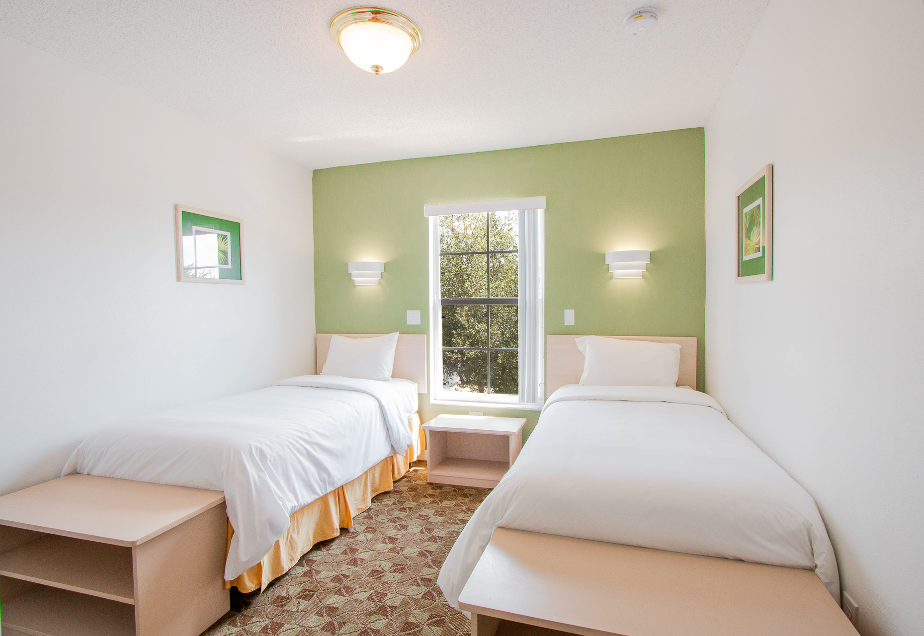 A hotel room with two twin beds, a green accent wall, and a window.